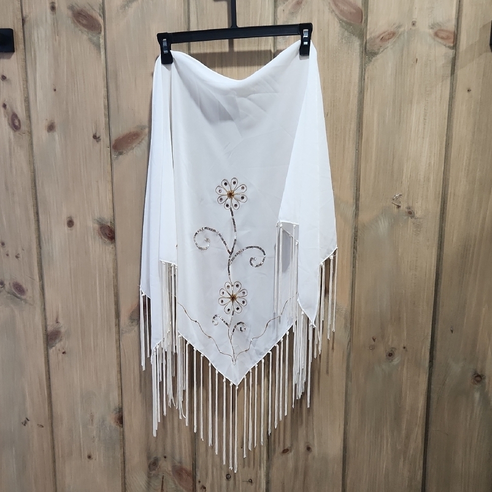 Vintage Floral Embroidered Fringe Wrap Scarf EUC - Picture 1 of 5
